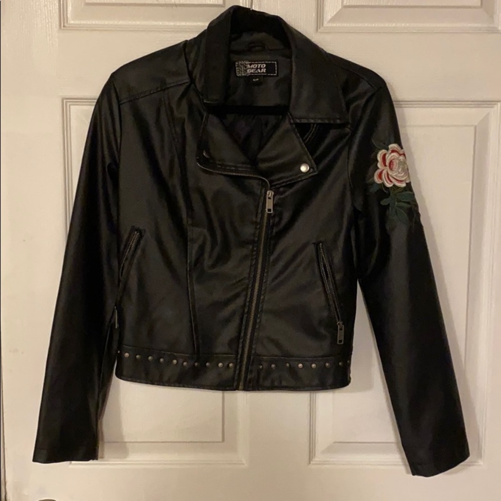 NWOT Faux leather jacket with floral embroidery